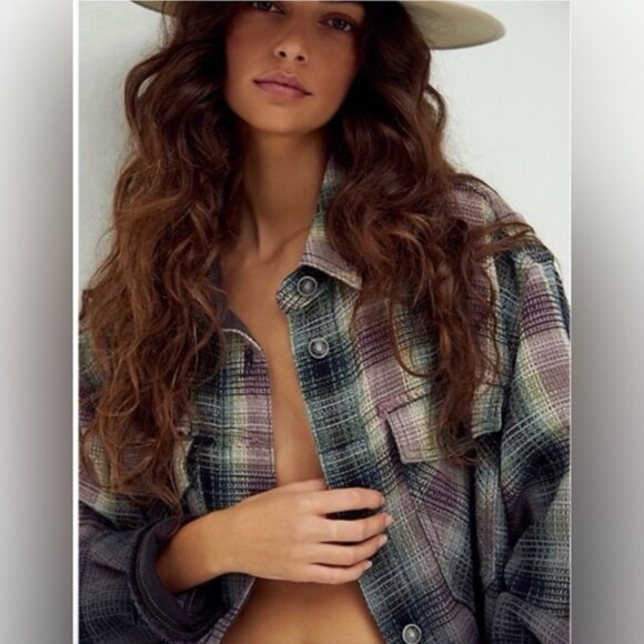 Free People - Anneli Plaid Shirt Jacket | Small | Spanish Olive Green & Purple - Picture 1 of 16